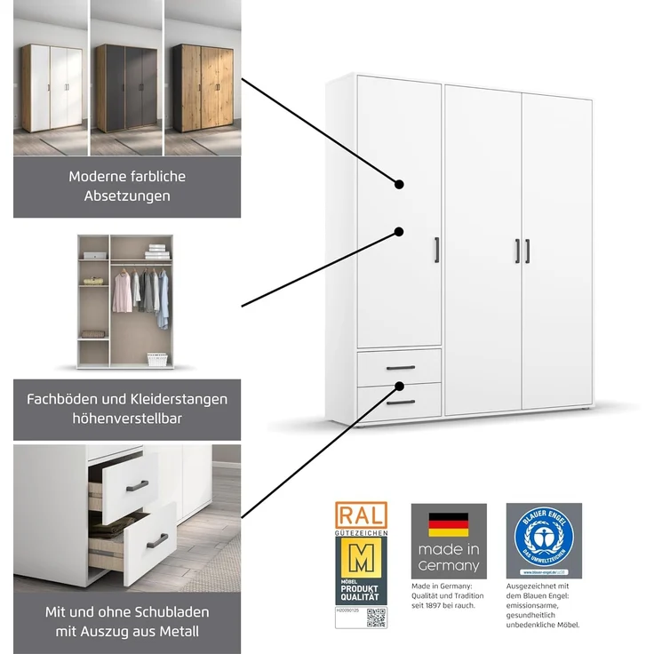 Rauch Möbel 'Voyager' Kleiderschrank, Holz, Weiß, Zubehör Classic, Breite 140 cm | ohne Schubladen – Bild 5