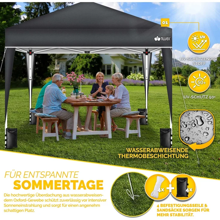 tillvex Pavillon 3x3m Grau wasserdicht mit 2 Seitenteilen + 4er Set Sandsäcke | Pop-Up Faltpavillon stabil & höhenverstellbar | Gartenzelt UV Schutz 50+ | Partyzelt mit Tasche für Garten – Bild 4