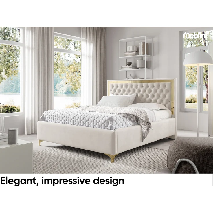 MEBLINI Polsterbett 180x200 mit Lattenrost ohne Matratze – ARONA GOLD – Beige Samt – Doppelbett mit Bettkasten - Stauraumbett - Kopfteil Bett mit Stauraum – Bild 3