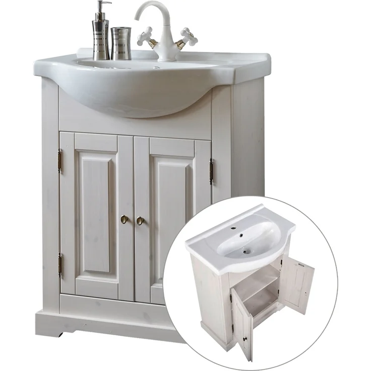 Badmöbel Waschplatz Set inkl. Keramik-Waschtisch 65 cm, 2-teilig LIRIA-56, Massivholz, B x H x T ca.: 70 x 200 x 43 cm – Bild 2