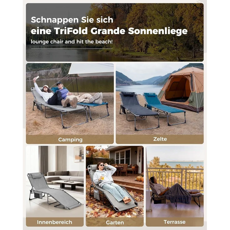 KingCamp Übergroße Sonnenliege Klappbar 5-Fach Verstellbar Gartenliege Liegestuhl Dreibeinliege Liege Campingliege mit Kopfkissen und Seitentasche bis 150 kg für Garten Urlaub Strand Pool 200x68 cm – Bild 10