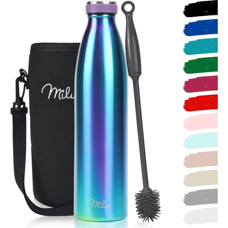 Milu Edelstahl Trinkflasche 350ml, 500ml, 750ml, 1L, 1,5L – Thermosflasche für Kinder Erwachsene auslaufsicher Isolierflasche Kohlensäure geeignet– inkl. Reinigungsbürste (Aurora, 1000ml)