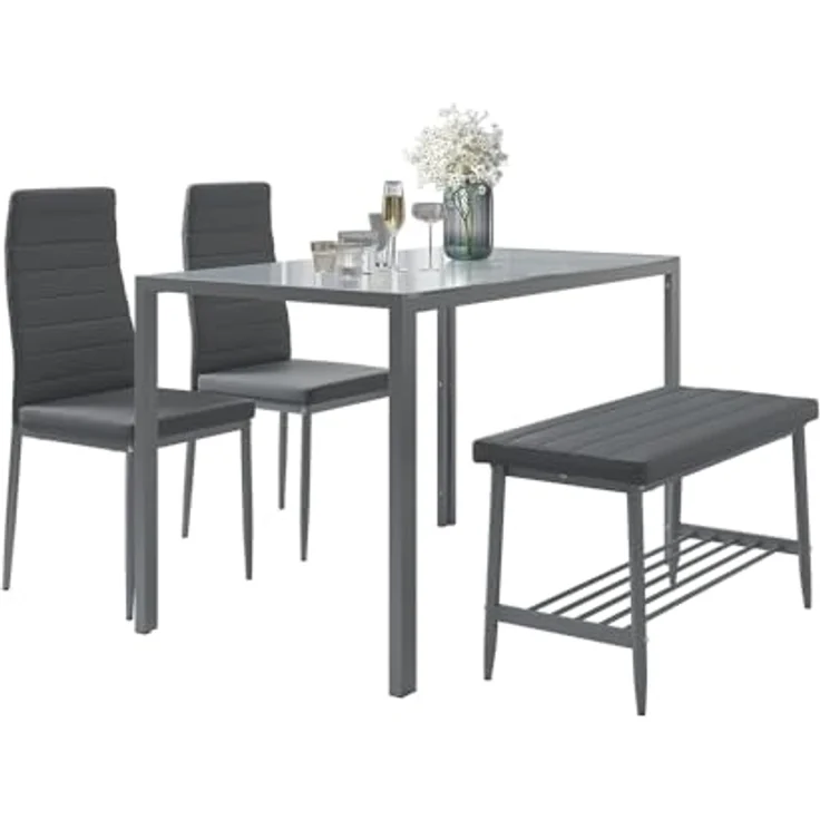 Vicco Esstisch-Set 'Grand', Rechteckig, 120x75x70 cm, Grau, Metall, mit Bänken und Stühlen aus Kunstleder – Bild 7