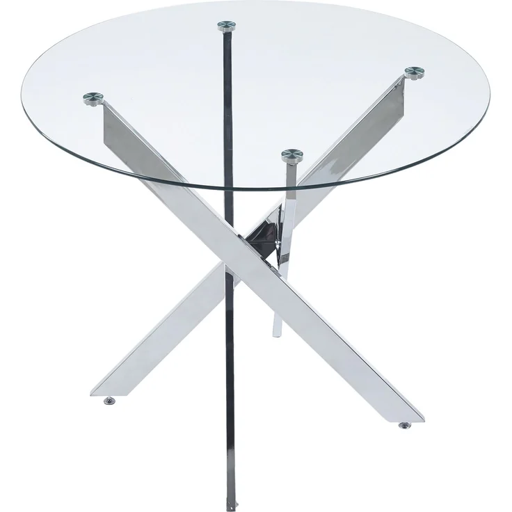 JARDJ Esstisch mit gekreuzten Metallbeinen und Tischplatte aus gehärtetem Glas, moderner, platzsparender Küchentisch für das Wohnzimmer, verchromte Beine, runder Tisch, silberfarbene Beine, 80 x 80 x 75 cm – Bild 8