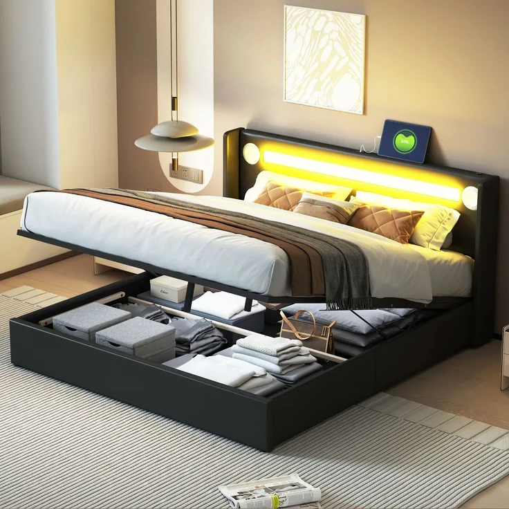 Polsterbett 160x200 Bett mit LED-Lichtleiste, Bluetooth-Player und USB-Aufladung, Stauraumbett aus PU-Leder, Hochbettkasten, Doppelbett mit Lattenrost Schwarz