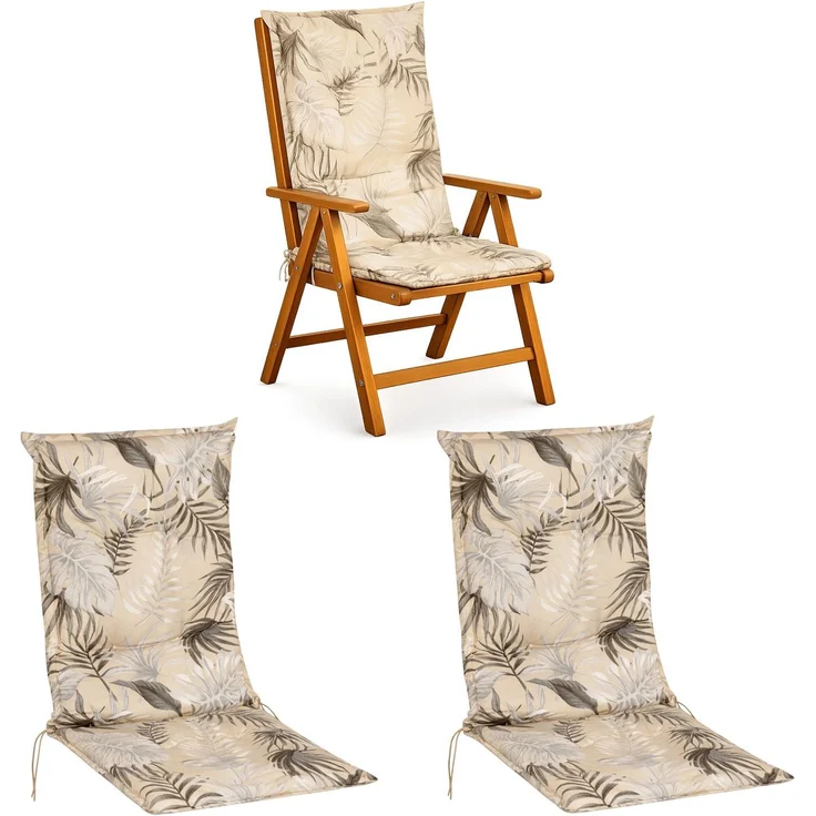 BURI 2x Hochlehner Auflage 117x49x6 cm - wetterfeste Gartenstuhlauflage mit Schaumkern & Vollvlies, Halteband & Bindebänder, bequemes Stuhlpolster für Balkon, Terrasse & Garten (Beige-Blätter) – Bild 1