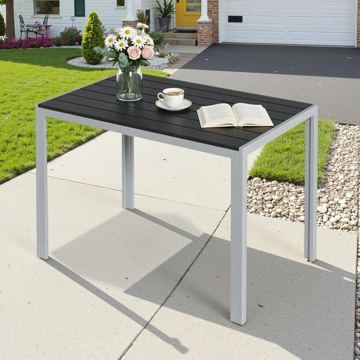 Clevich Gartentisch 110x70 cm aus Aluminium & WPC - Wetterfeste Balkontafel, hitze- und witterungsbeständig für Terrasse und Garten (Silber + schwarz) – Bild 1