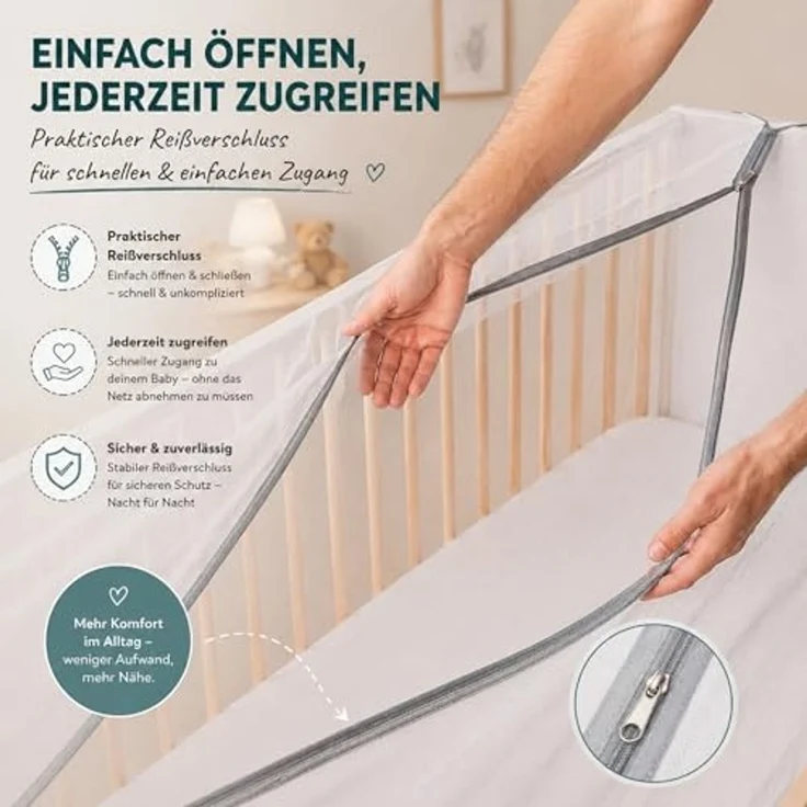 Moskitonetz Babybett/Kinderbett Mückenschutz/Insektenschutz mit Reißverschluss zum Öffnen in der Mitte/Farbe: Anthrazit – Bild 4