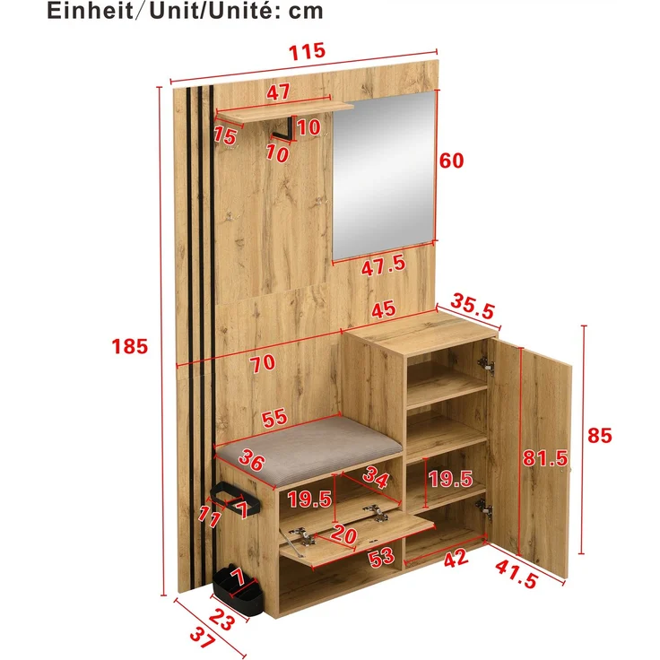 Flurgarderobe 115 x 37 x 185 cm mit Sitzbank,Spiegel, Kleiderstange,verstellbaren Regalen,Soft-Close – Bild 8