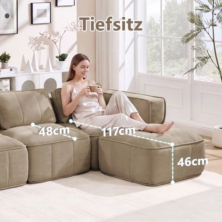 EINHOM 3-Sitzer U-förmiges Modulsofa mit 2 Hockern, ohne Gestell, 32D-Hochdichteschaum, tiefe Sitzfläche, hautfreundlicher, weicher Stoff, ideal für Wohnzimmer, keine Montage erforderlich, Sand – Bild 6