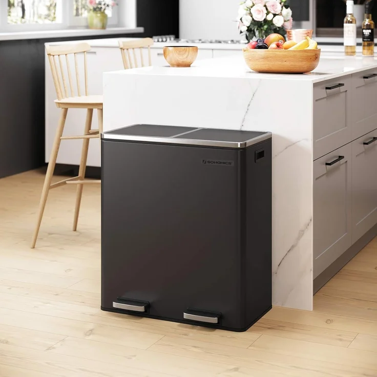 Songmics Mülleimer mit 2 Fächern und Softclose, luftdicht inkl. Müllbeutel, Metall, 60 (2x30) Liter, Schwarz – Bild 2