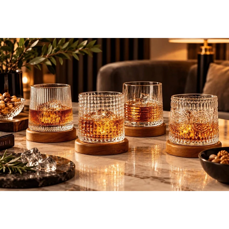 Sendez Whiskyglas 4er Set Whiskygläser 170ml Holzuntersetzer Tumbler Drehend 4 Muster, 4-tlg, Glas – Bild 3
