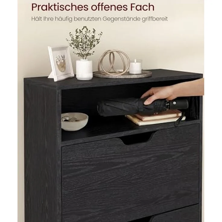Vasagle Schuhschrank 3 Klappen, Schuhkipper, Schuhregal, Schuhaufbewahrung, offenes Fach, Trennwand verstellbar, für 14-18 Paar Schuhe, Flur, 24 x 60 x 139 cm, ebenholzschwarz LBCDE046B03 – Bild 7
