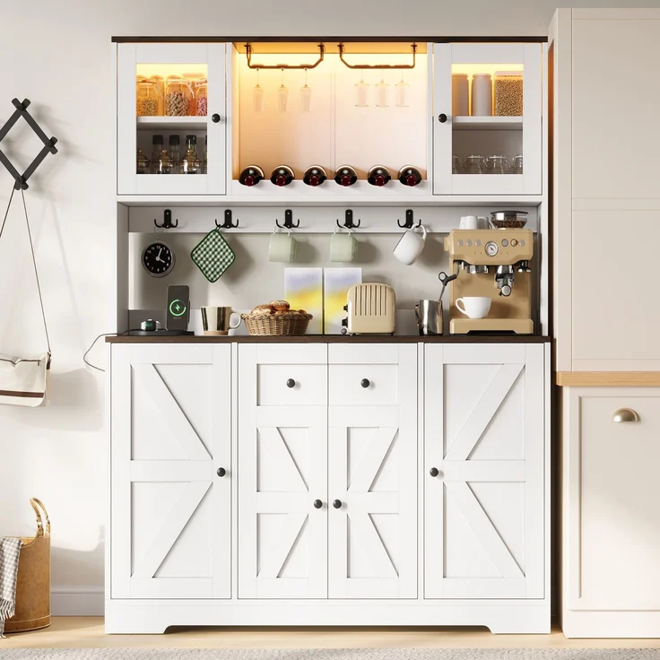 Küchenschrank, hoher Schrank mit LED-Beleuchtung und Steckdosen, Vorratsschrank mit Acrylglastüren, Weinregalen und Weinglashaltern, Vitrinenschrank für Wohnzimmer & Esszimmer, 140 × 40 × 173 cm--Weiß--140x40x173cm--YOUDENOVA – Bild 4