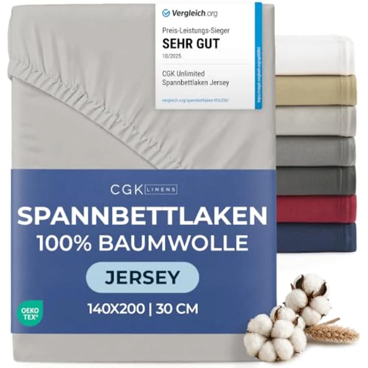 Spannbettlaken Jersey 140x200 cm - 100% Baumwolle weich & atmungsaktiv wärmend - Bettlaken Spannbetttuch mit Rundumgummi für Matratzen bis 30 cm & Boxspringbetten DE - Oeko-Tex zertifiziert - Hellgrau – Bild 1