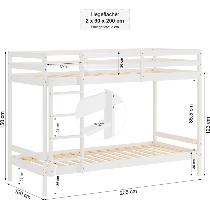 Homestyle4u Etagenbett, Kiefernholz weiß, 90x200 cm – Bild 3