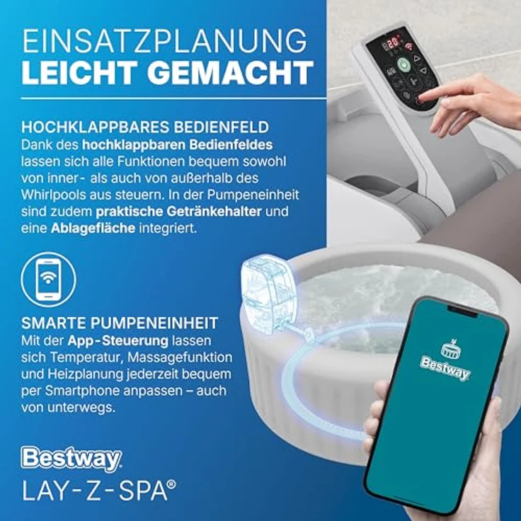 Bestway Lay-Z-SPA Whirlpool Dominica HydroJet, Ø 196 x 71 cm, 6 Personen, Heizung, Frostwächter, 4 HydroJet-Düsen, 140 AirJet-Düsen, App-Steuerung, Thermo-Abdeckung, Energieeffizient, Urbanbraun – Bild 7