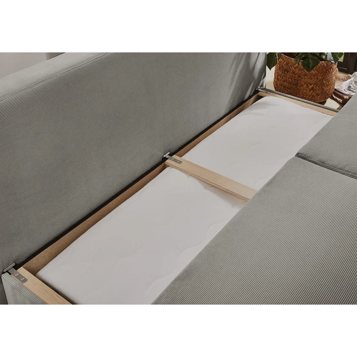 Dauer-Schlafsofa Federkern Couch mit Topper und Bettkasten in Feincord Hellgrau – Bild 4