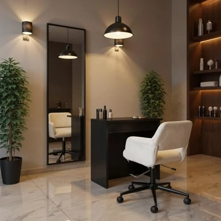FurnitureR Beige Friseurstuhl, Modernes Design, Chenille Material, Höhenverstellbar, Ergonomisch, Mit Rollen, Platzsparend – Bild 6