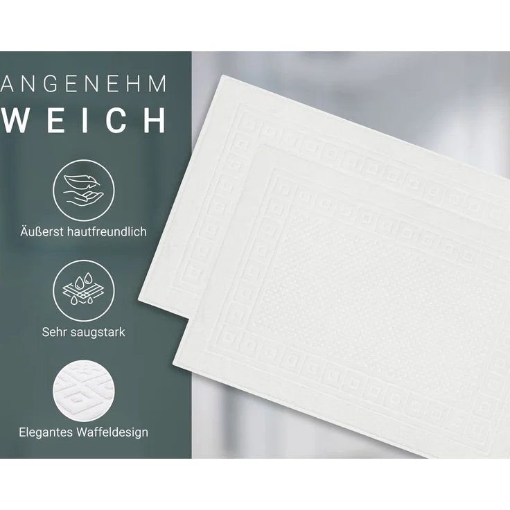 ZOLLNER 2er Set Badematte Badvorleger mit Waffelmuster, 100% Baumwolle, 50x70 cm, weiß – Bild 3