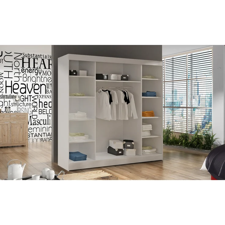 Kleiderschrank Basti IV 200 cm - Schwebetürenschrank mit Kleiderstange und Einlegeboden, Schlafzimmerschrank mit 2 Türen, Schiebetüren, 200x215x58 cm (Schwarz) – Bild 3