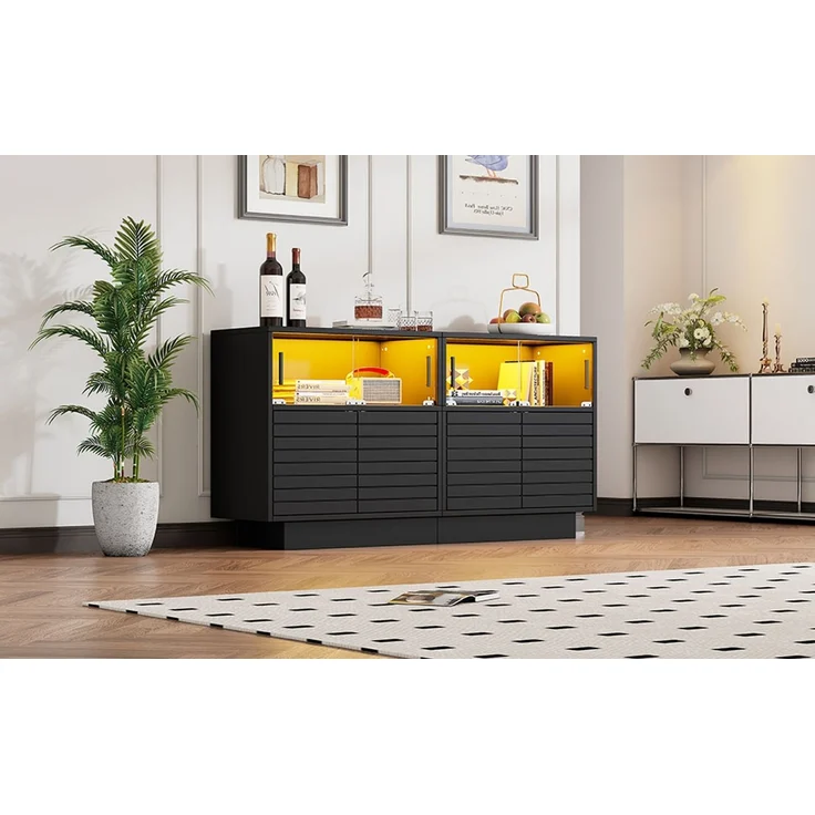 ZUBALIYA Sideboard 130x35x68 cm, mit LED-Beleuchtung, mit Glastüren, aus Spanplatte, Schwarz – Bild 18