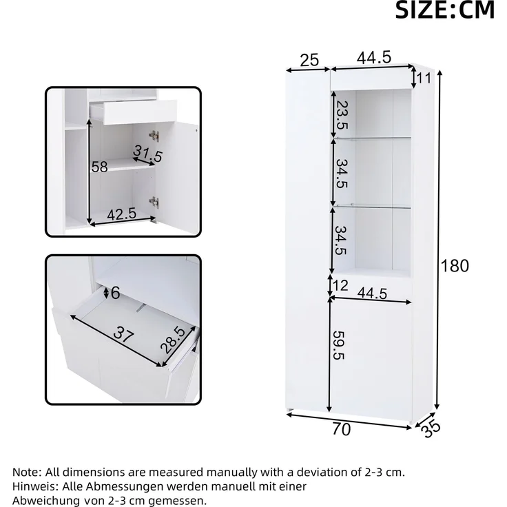 Vitrine 70x35x180 cm in Weiß, Hochglanzfront, LED-App-Steuerung & Schublade – Bild 5
