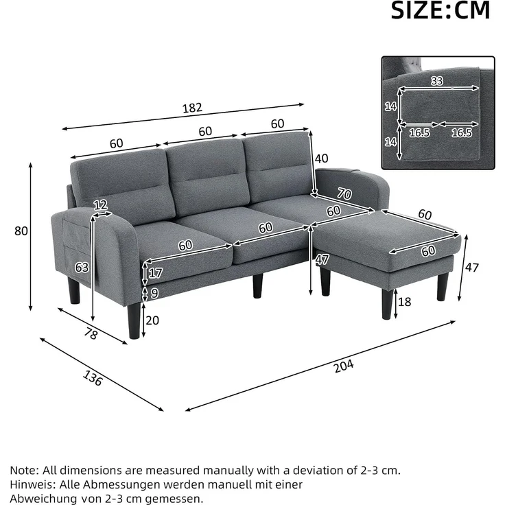 Merax 204cm Ecksofa, L-Form Sofa, 3-Sitzer mit Chaiselongue, kleines Ecksofa aus, An der Seite befindet sich eine Aufbewahrungstasche, 10 Sofabeine, Grau – Bild 2