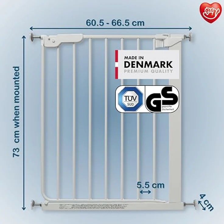 BabyDan Esjberg Türschutzgitter für Kinder und Babys, extra schmal, für Öffnungen von 60,5–66,5 cm, Weiß, hergestellt in Dänemark aus 100% italienischem Stahl. – Bild 4