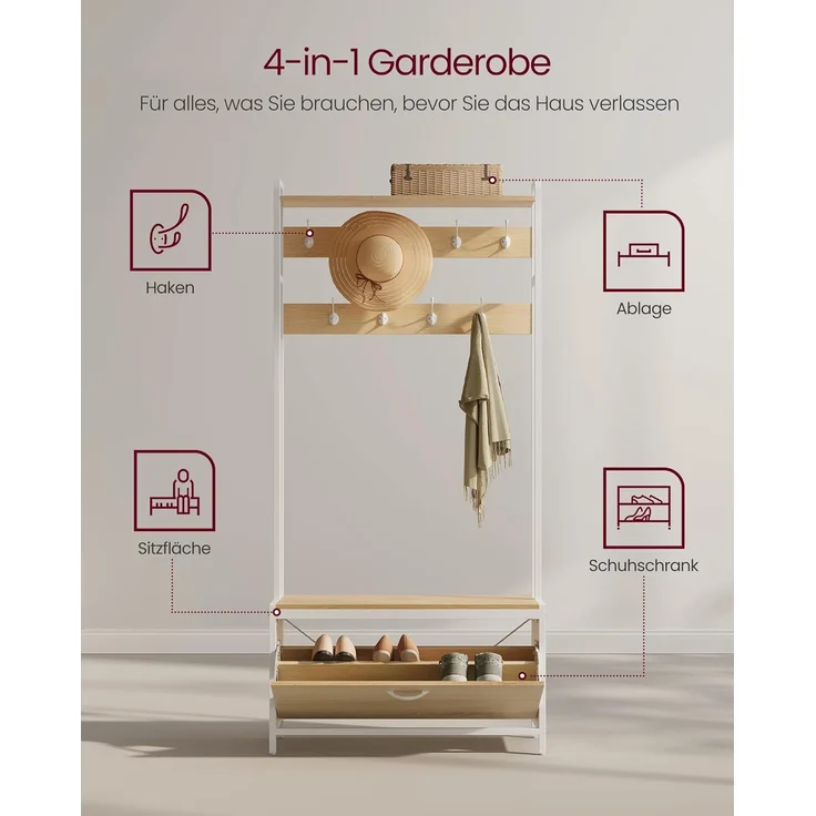 Vasagle Garderobenständer mit Schuhschrank, Garderobe mit Sitzbank, Kleiderständer, Schuhkipper, 9 Haken, obere Ablage, für Flur, Schlafzimmer, modernes Design, eichenfarben-weiß von Songmics RSH405W09 – Bild 8