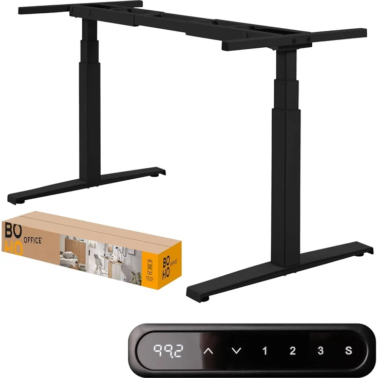boho office® Basic Line - elektrisch stufenlos höhenverstellbarer Schreibtisch in Schwarz mit Memory-Funktion sowie einstellbaren Kollisionsschutz und Soft-Start/Stop