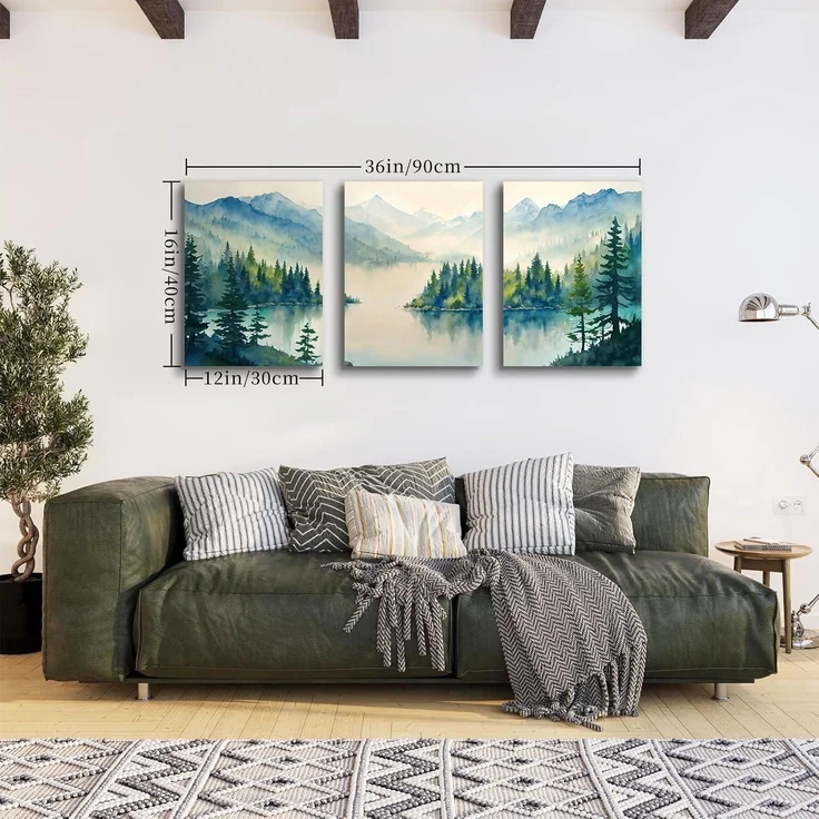 Aquarell Blaugrün Wald Leinwand Bilder Set 30x40cm x 3 – Bild 5