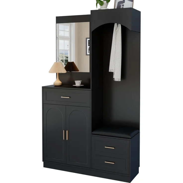 DESVIAE Garderobenschrank mit Spiegel und Schuhbank 110x185,5x33 cm MDF Schwarz – Bild 7