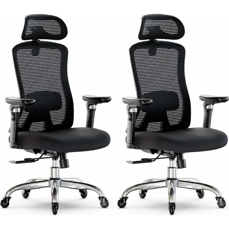 Marsail Bürostuhl mit 6D-Armlehnen, 3D-verstellbarer Kopfstütze, Schiebesitz, Lendenwirbelstütze, 4-Position-Neigungsschloss – hoher und großer Schreibtischstuhl mit Kapazität von 150kg, Schwarz, 2PCS