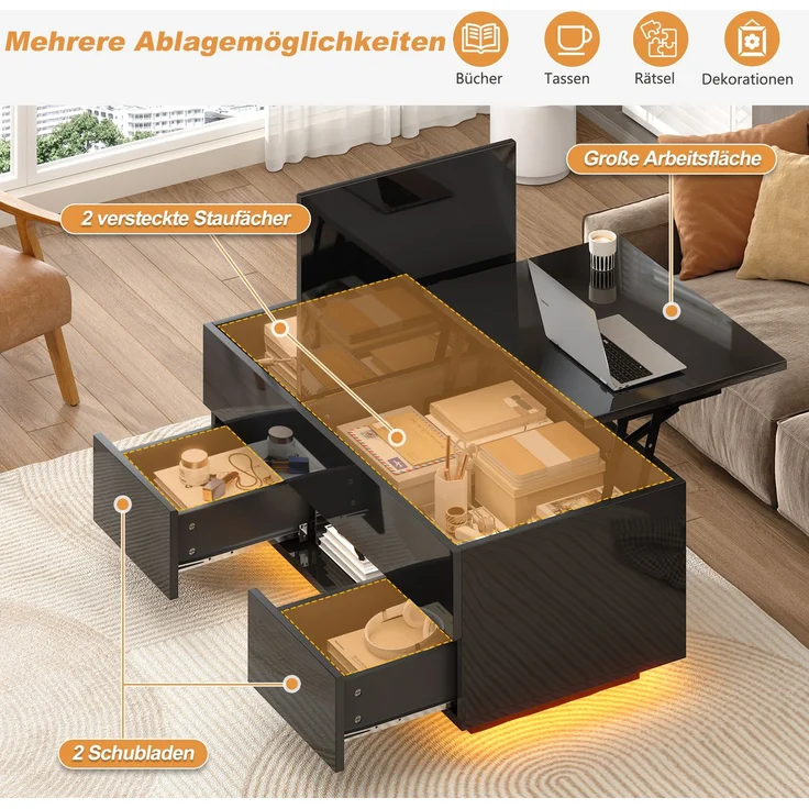 EINHOM 100 x 45 x 43 cm Anhebbarer Couchtisch mit 2 Schublade, Hochglanz-Beistelltisch mit LED, Sofatisch, Kaffeetisch, Wohnzimmertisch mit Verstecktem Stauraum, Schwarz, Spanplatte – Bild 4