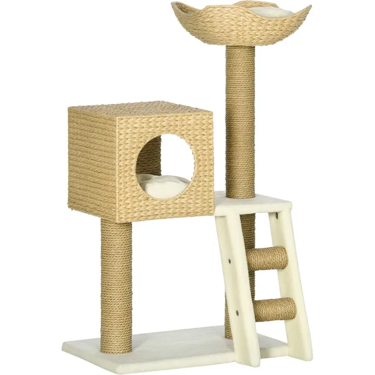 Kratzbaum mit Katzenhaus, Sisal-Kratzsäulen, waschbare Kissen, 100,5H x 57L x 37B cm, Weiß/Natur--Naturholz--100.5x37x57cm--CHENHAONING