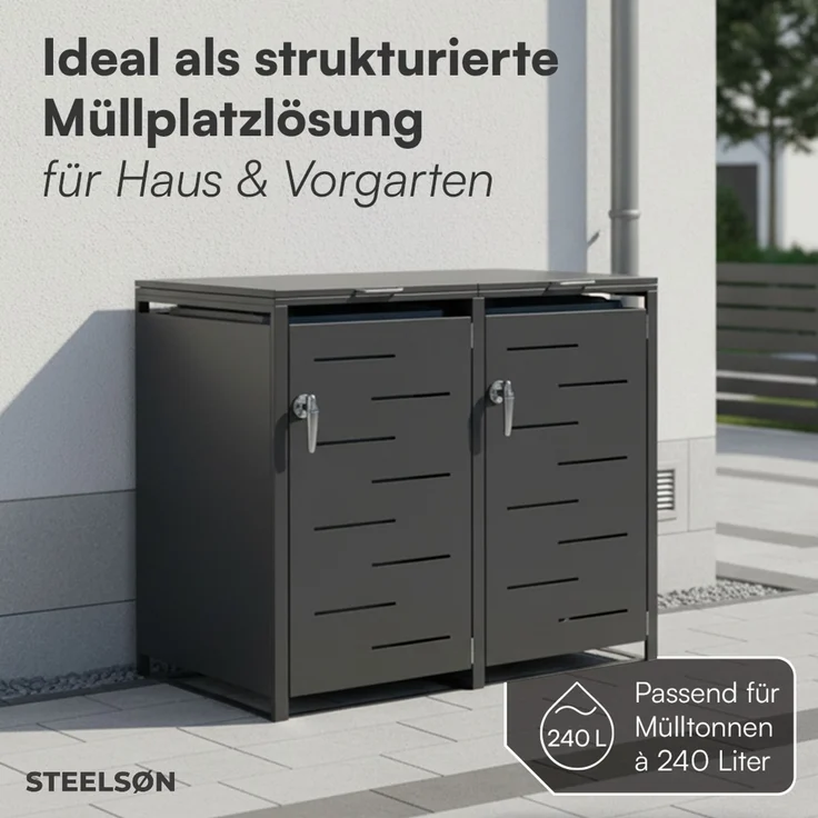 STEELSØN 'Diorus' Mülltonnenbox 2er je 240 Liter, graphitschwarz, Mülltonnenverkleidung aus Stahl mit Sichtstreifen, wetterfest, 116x80x134 cm, abschließbare Müllbox für 2 Tonnen – Bild 2