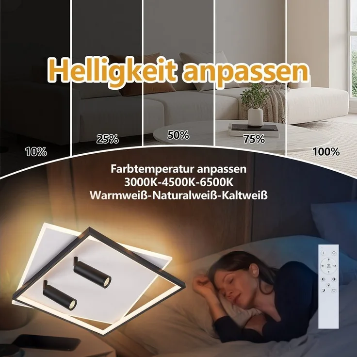 Nettlife LED Deckenleuchte Deckenlampe Schwarz Rund 52W Dimmbar mit 2 Deckenstrahler Modern Acryl, Dimmbar mit Fernbedienung, LED fest integriert, mit Fernbedienung für Schlafzimmer Küche