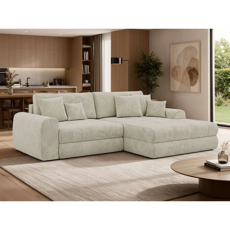 Sofa L-Form ARELIA L mit Schlaffunktion, Wohnzimmer Sofa, Wellenfederung, Sofa mit DL-System - Schenille grob gewebt Creme - Links – Bild 1