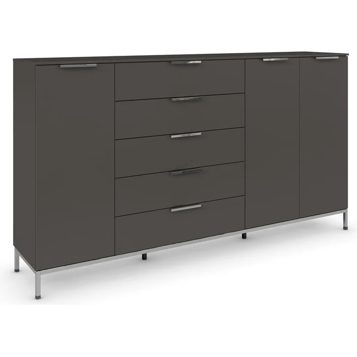 Rauch Möbel Flipp, Nachttisch für Schlafzimmer, Flur, Garderobe, 3-türig, 5 Schubladen, mit Softclose-Funktion, Griffe und Metallkufe Chrom, Farbe Graphit, Schwarz, Breite 199 cm – Bild 1