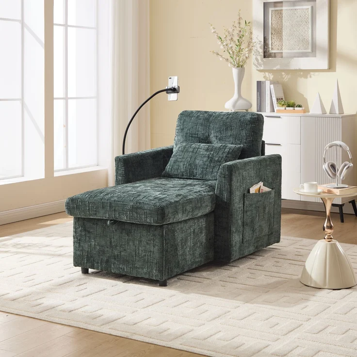 Loungesofa mit integriertem Handyhalter, großem Stauraum & Seitentaschen, Chenille Stoff-Sessel mit gepolsterten Kissen,Smaragd – Bild 1