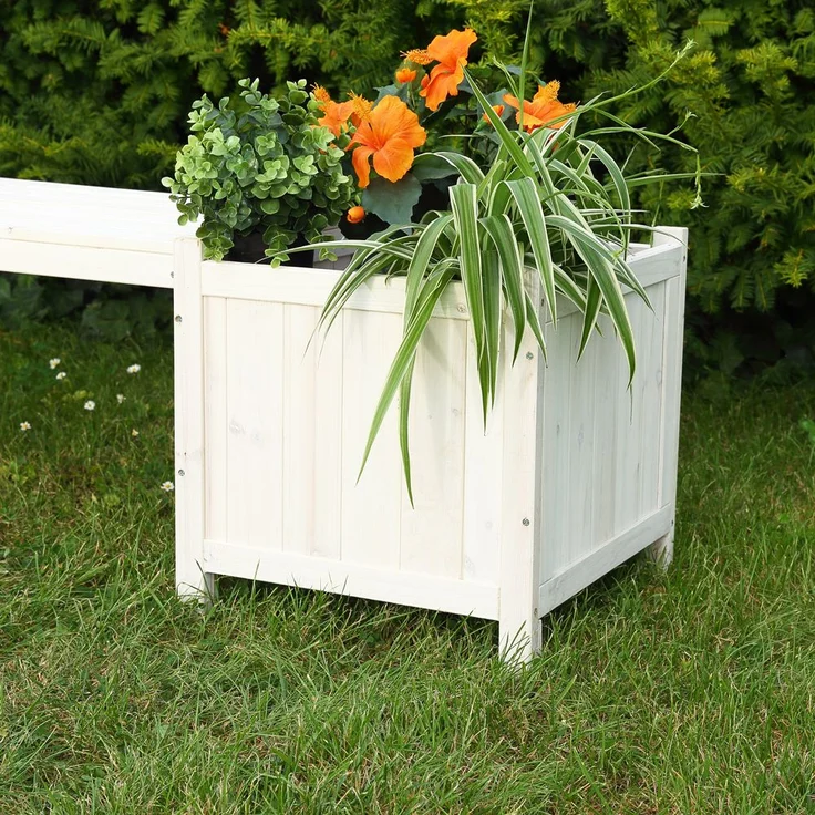 Gartenbank mit 2 Blumenkästen Garten Bank 2in1 Blumenkasten Holzbank weiß – Bild 3