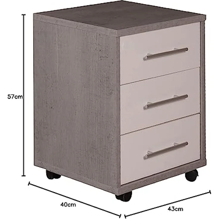 Dmora Bürokommode mit 3 Schubladen auf Rollen, Dokumentenhalter, eleganter Schreibtisch-Nachttisch, cm 43x40h57, Farbe Zement und Weiß – Bild 2