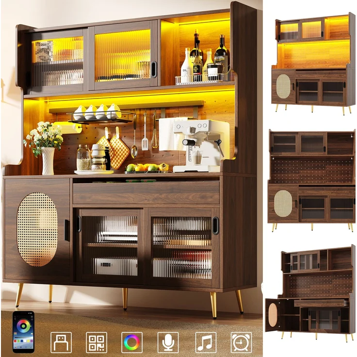 Buffetschrank aus MDF mit LED-Lichtleiste, Schubladen & Lochplatte, 145x39x171 cm, Braun – Bild 2