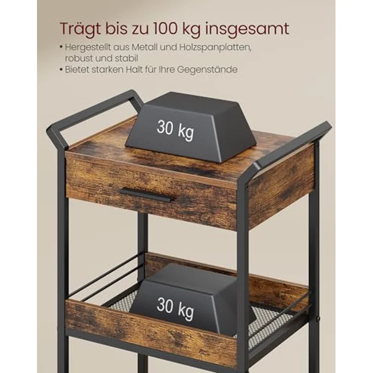 VASAGLE Rollwagen, Küchenwagen 3 Ebenen, Servierwagen mit Bremsen, Holzspanplatte, obere Schublade, Aufbewahrungsregal für Küche, Badezimmer, Schlafzimmer, vintagebraun-tintenschwarz LRC048K01 – Bild 5