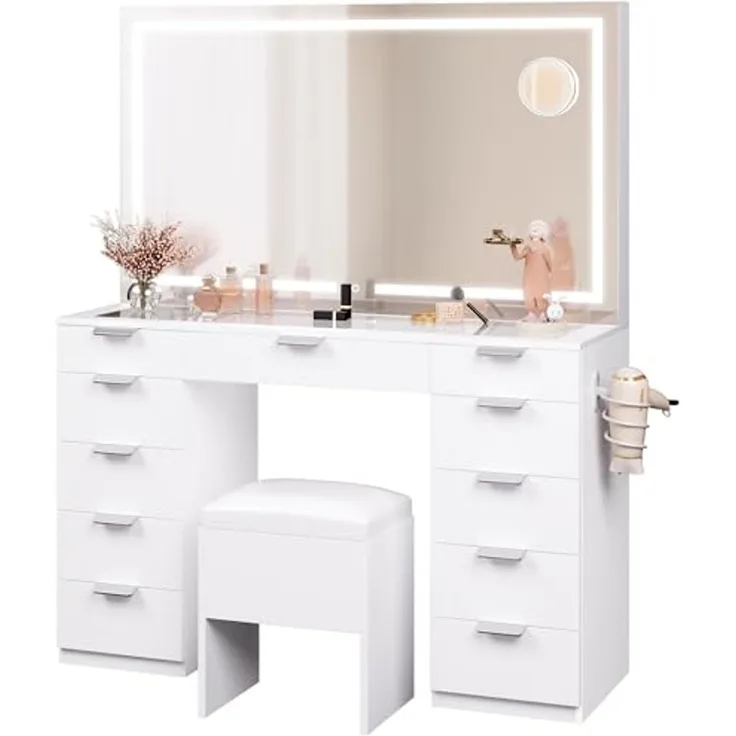 YITAHOME Schminktisch mit LED-Beleuchtung, 3 Farben mit Einstellbarer Helligkeit, Frisiertisch mit Spiegel für Make-up, Kosmetiktisch mit Steckdose, 11 Schubladen, modern, weiß