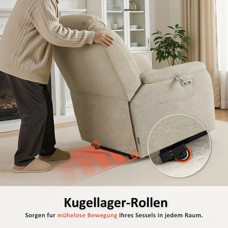 M MCombo Fernsehsessel mit Aufstehhilfe Elektrisch, 2 Rollen für Mobilität, Massage & Heizung, Verstellbare Kopfstütze, Sessel mit Aufstehhilfe 35D Vollschaum-Sitzkissen 7269 (Stoff, Beige) – Bild 4
