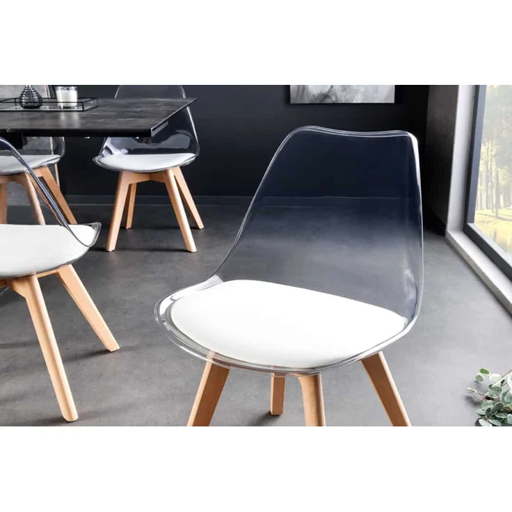 4er Set Design-Klassiker Stuhl NORWAY transparent Kunststoff weiss Buchenholz natur – Bild 3