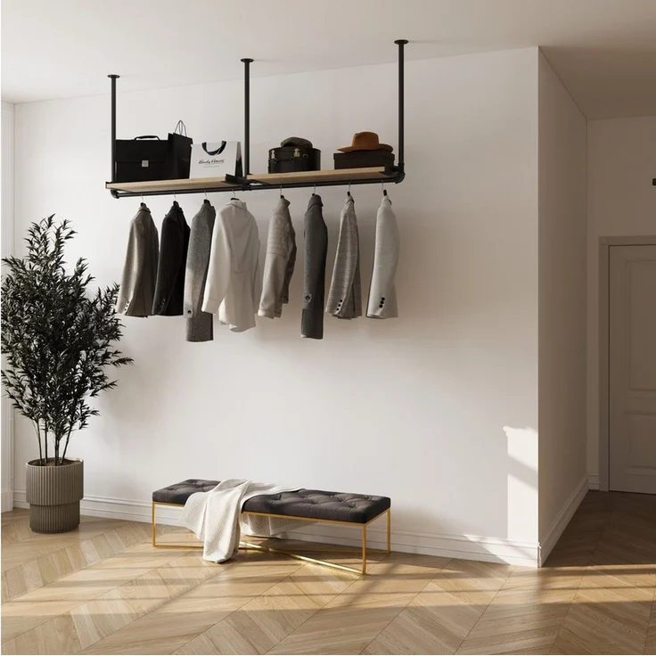 RSR Hangers Garderobenstange Kleiderstange Garderobe "DIEK II" mit Kiefernholablage Deckenmontage – Bild 3