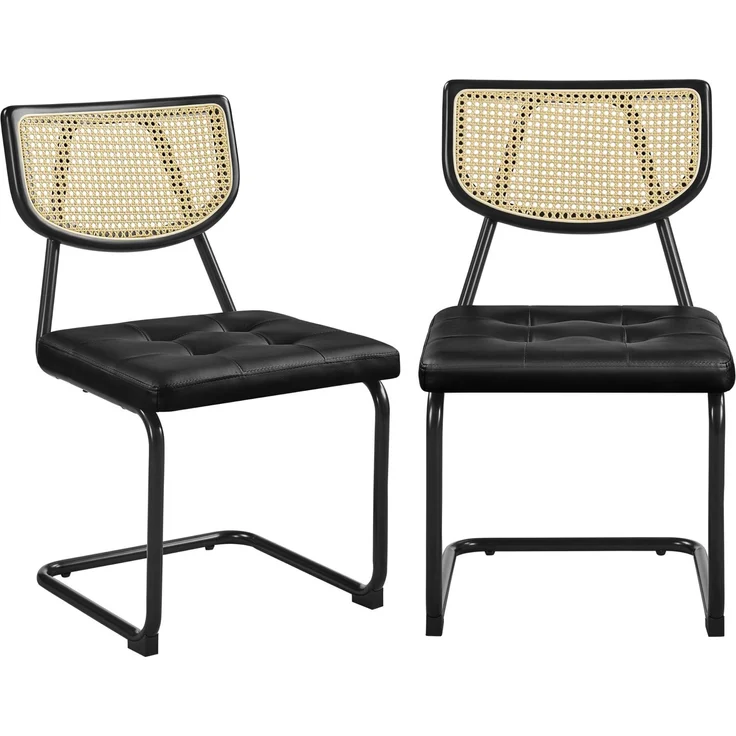 Yaheetech Küchenstuhl 2er Set Esszimmerstühle Rückenlehne aus Rattan Schwingstuhl aus Kunstleder Polsterstuhl fürs Esszimmer/Küche/Wohnzimmer/Restaurant, Schwarz